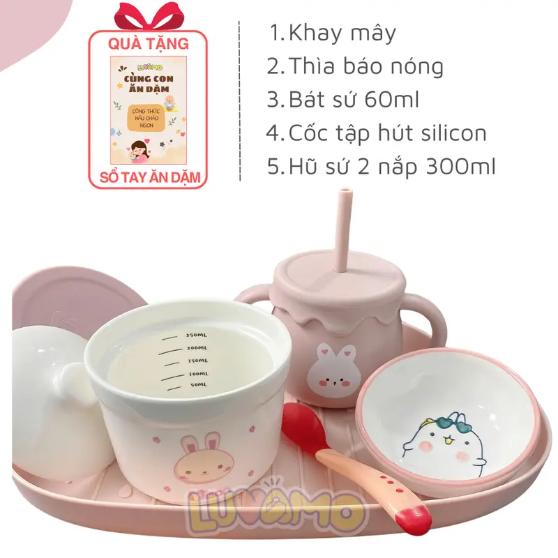 Bộ bát ăn dặm cao cấp cho bé kèm cốc tập hút, bát sứ, thìa cho bé màu sắc đa dạng nghộ nghĩnh Luvamo Kem Voi hũ thủy tinh bát  thìa  ăn  dặm  cho  bé 6