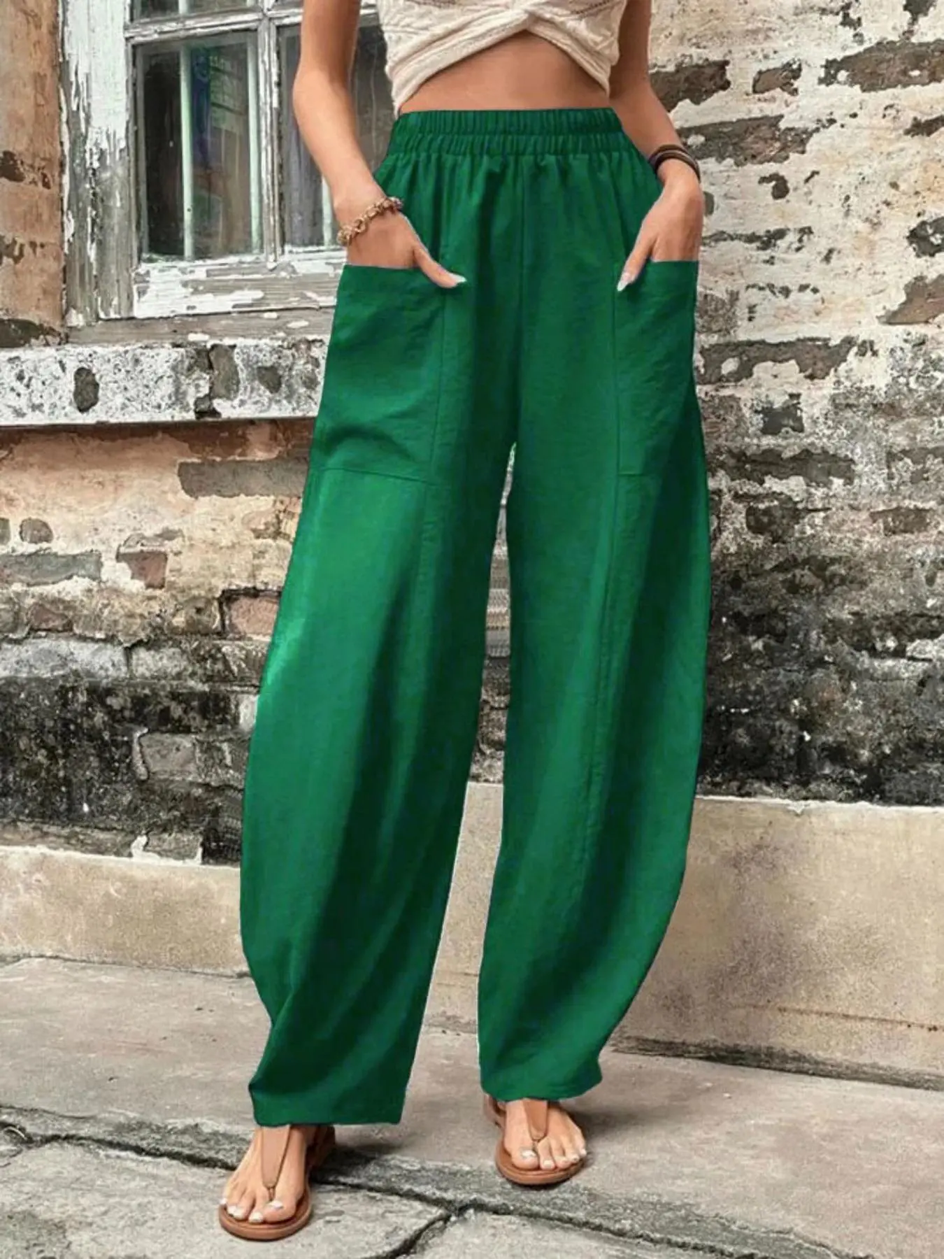 Women's Plain Pocket Elastic Waist Carrot Pants, Casual Comfy Breathable Wide Leg Trousers for Summer, Fashion Women's Bottoms for Daily Wear