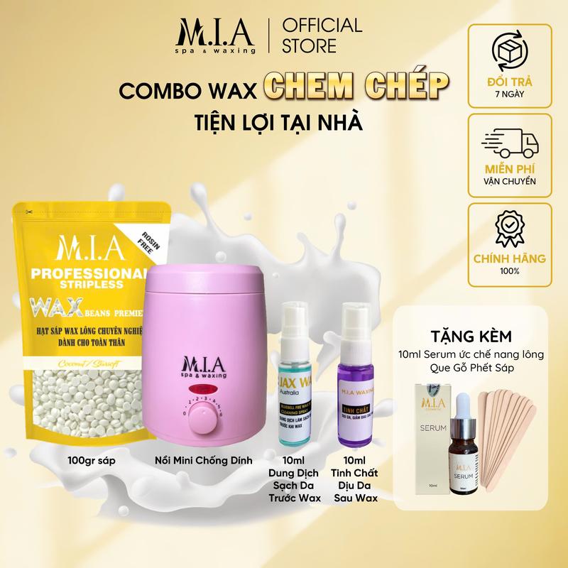 COMBO WAX CHEM CHÉP MIA WAXING - Nồi Nấu Sáp Chống dính Dính Mini + 100gr Sáp Wax Lông MIA WAXING + 10ml Dung Dịch Làm Sạch Da Trước Wax + 10ml Tinh Chất Dịu Da Sau Wax tặng 10ml Serum Hỗ Trợ Giảm Lông