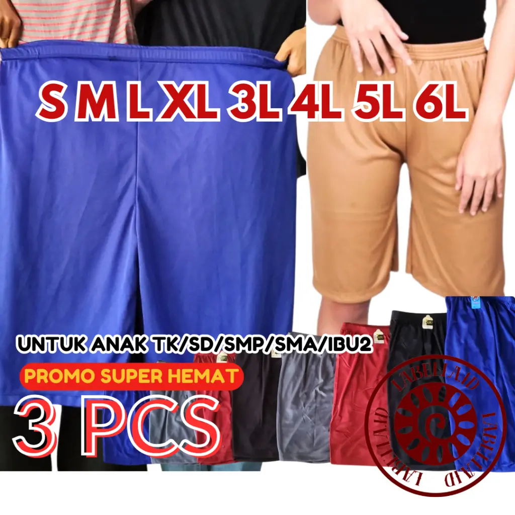 GROSIR ISI 3 PCS Celana Short Wanita || Celana Strit Pendek dalaman Wanita, Anak UK M, L, XL, XXL, XXXL, XXXXL Hyget LABELLAID