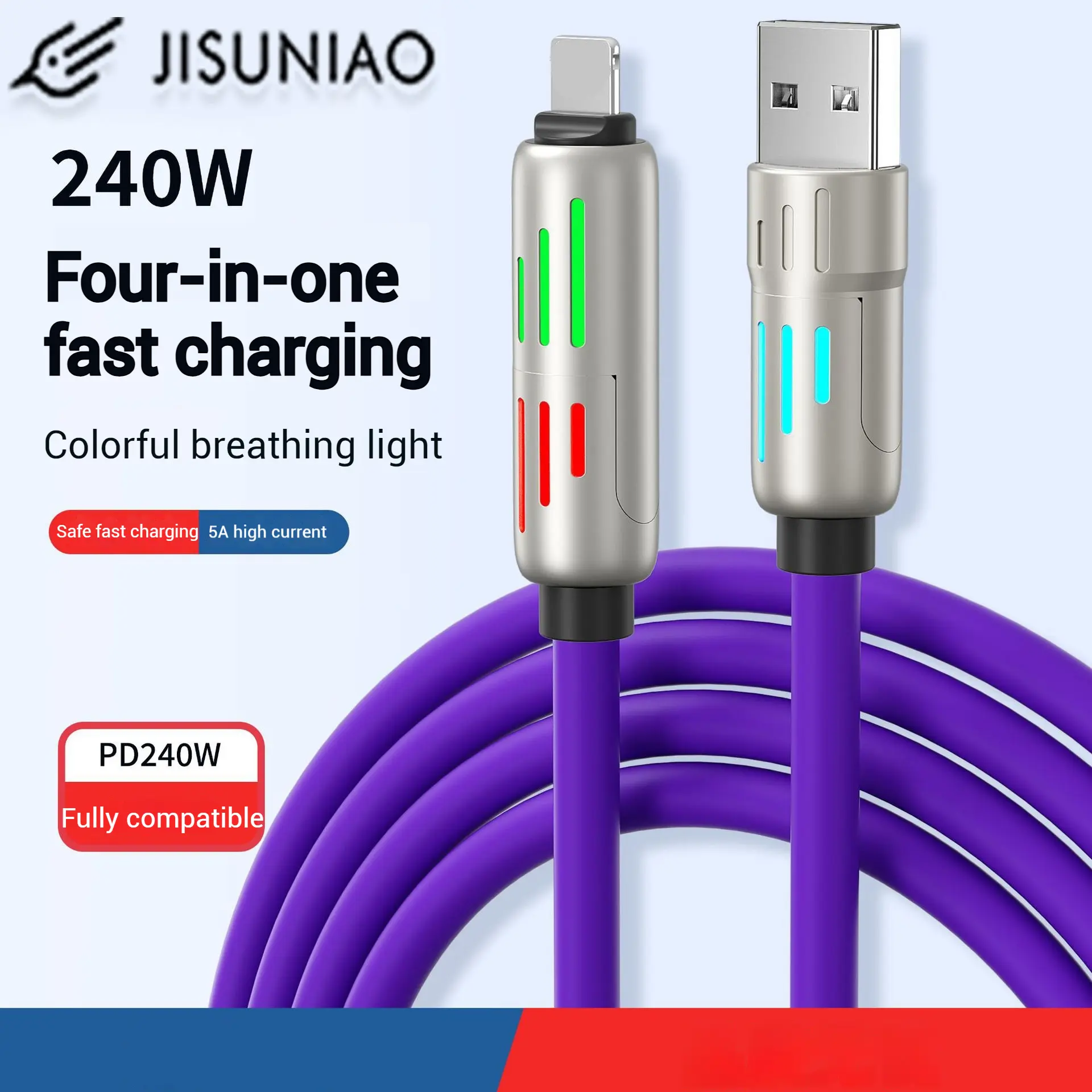 240W 4-in-1 data cable with PD fast charging and two-for-two breathing lights, suitable for Apple, Samsung, Huawei, and Xiaomi fast  charging  cable fast  cable long  phone  charger