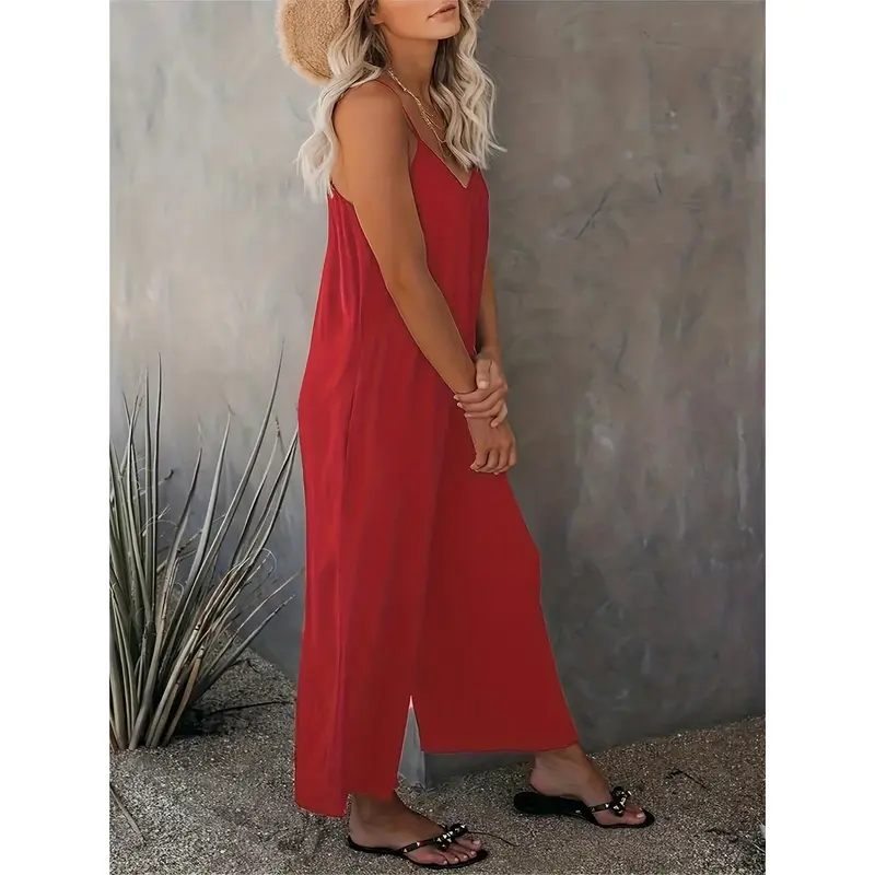 Plus Size Basic Jumpsuit, Women's Plus Solid V Neck Wide Leg Summer Cami Jumpsuit 1