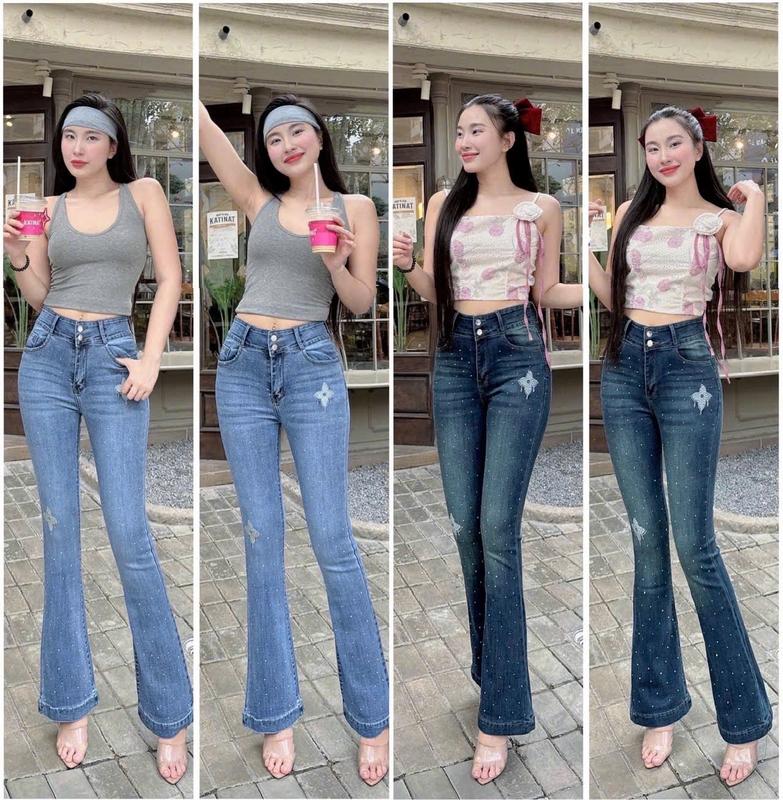 Quần jeans nữ NM ống loe đính đá thêu bông hút Lộc phong cách douyin - 2 màu từ 40-70kg Women Denim