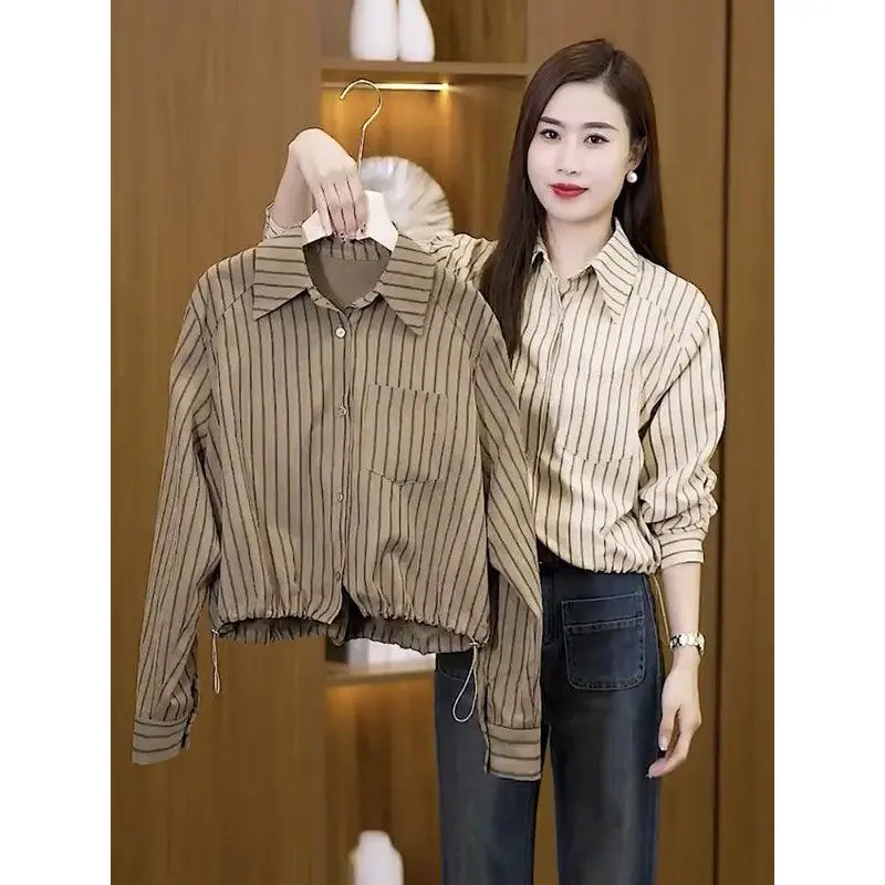 Áo Sơ Mi Ngắn Kẻ Sọc Cho Nữ, Thời Trang Mới Mùa Mùa Xuân 2024, Dáng Rộng Vừa Vặn, Thanh Lịch, Cao Cấp, Bó Sát Eo, Phong Cách Phương Tây, Áo Sơ Mi Nhỏ