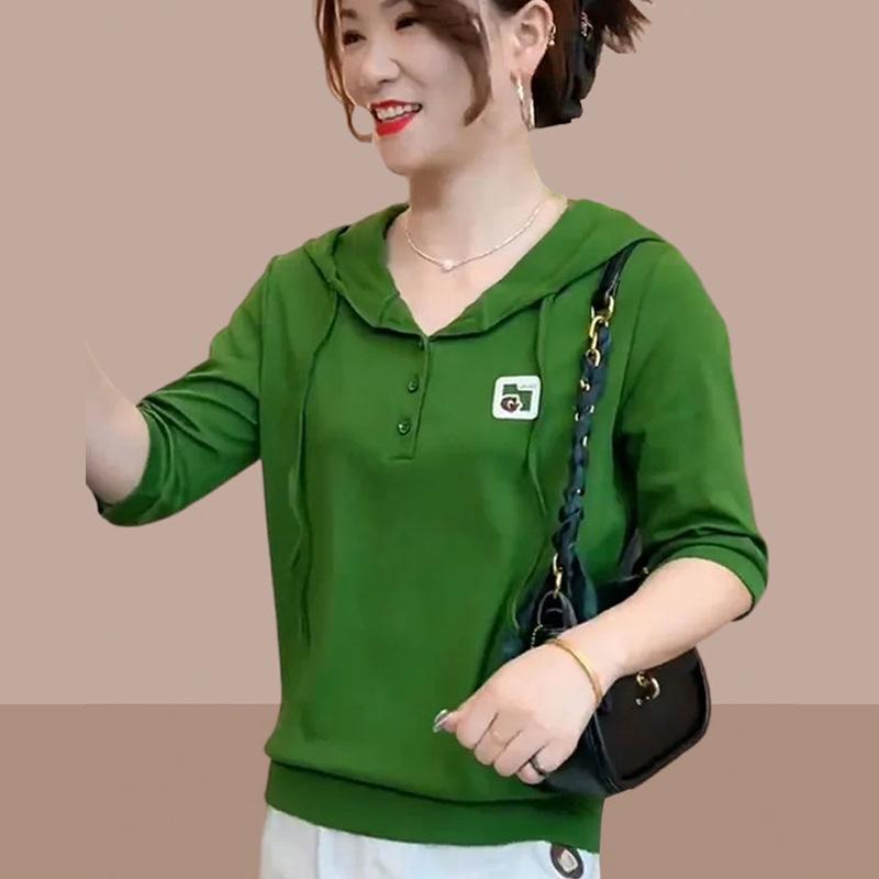 Product Introduction of Áo Thun Dài Tay Có Mũ Trùm Đầu, Mỏng, Trang Phục Đầu Thu Của Mẹ, Phong Cách Đi Chơi Chống Lão Hóa, Áo Thời Trang Phong Cách Phương Tây 7