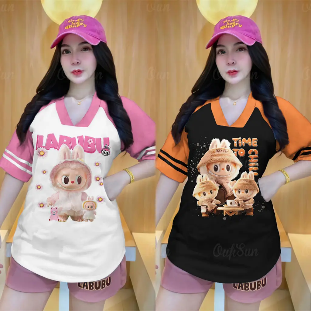 LABUBU PREMIUM SHIRT LADIES AND MENS/UNISEX Fashionable V Neck Shirt Oversized Short Sleeve T-Shirt LABUBU Printed T-Shirt 2024 Fashion Trend