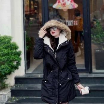 Áo parka nữ dây rút eo mũ siêu to viền lông mượt chất kaki lót lông ấm áp bất chấp rét đại hàn thời trang hàn quốc