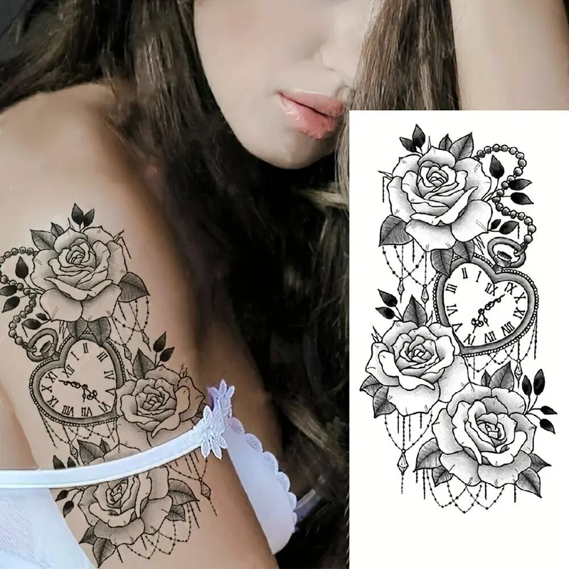 Rose & Clock Pattern Temporary Tattoo Sticker, 1 Count Waterproof Fake Tattoo Decals for Arms, Neck, Ankle, Legs, Body Art Stickers for Women & Men, Body Art Decoration 2