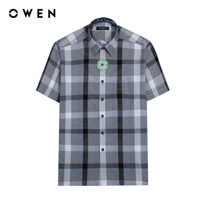 OWEN - Áo sơ mi Nam ngắn tay Body Fit AB230074NT màu Ghi chất liệu Mint-Polyester  Hoạ tiết Kẻ caro Menswear