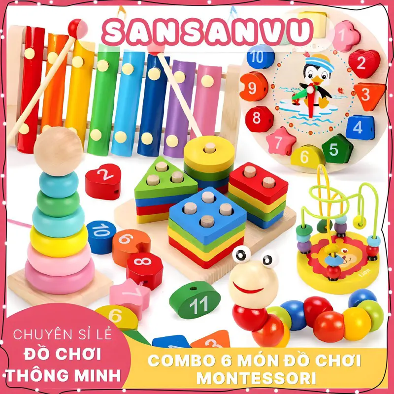 COMBO 6 MÓN ĐỒ CHƠI GỖ MONTESSORI THÔNG MINH PHÁT TRIỂN TRÍ TUỆ CHO BÉ 0
