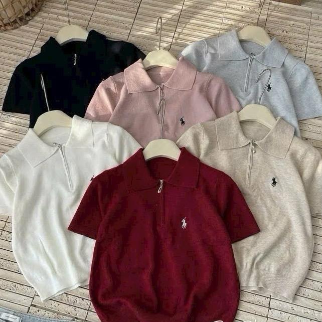 Áo len polo nữ cộc tay PHỐI KHOÁ KÉO thêu ngựa hàng QC chất len lông thỏ mềm mại, freesize áolen quang
