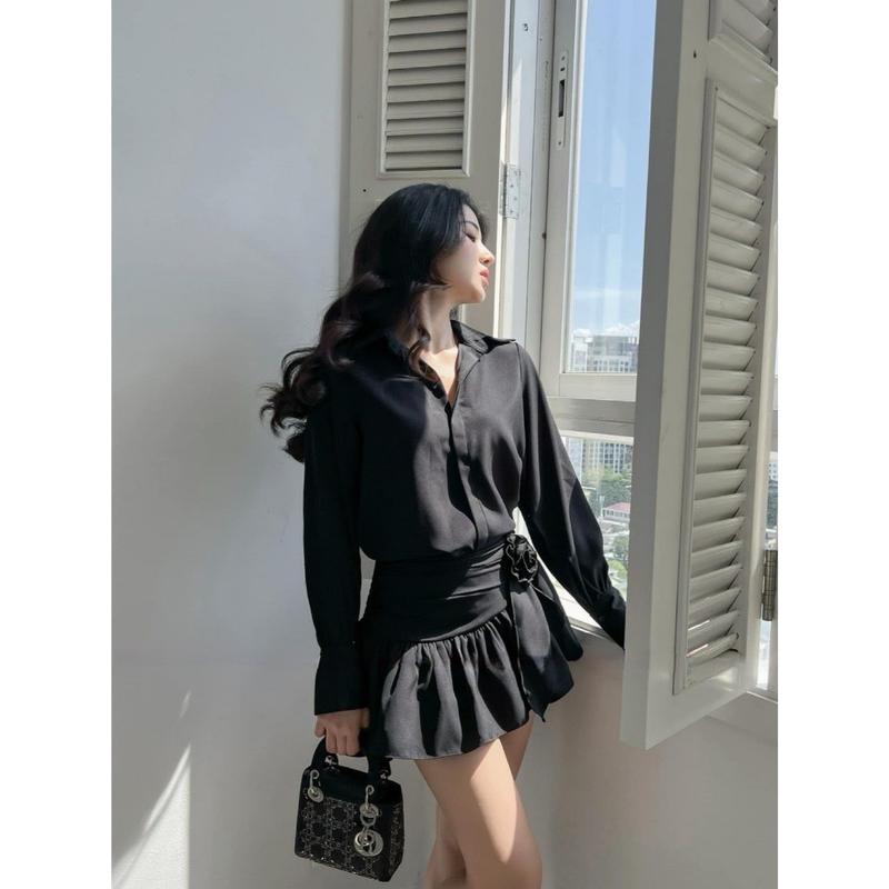 Mèo Mỡ Bigsize — Set áo sơmi kèm váy tag hoa tay dài dáng ngắn bigsize nữ 60-90kg Women nữ