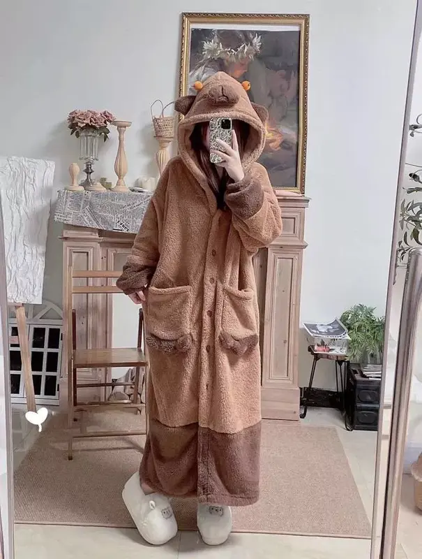 Áo choàng/Váy/ Bộ liền ngủ lông dài tay Capybara, Bộ đồ ngủ nữ mùa đông Capybara Áo ngủ Capybara Bộ Đồ Ngủ Vải Bông Nhung Capybara Dễ Thương T23 4