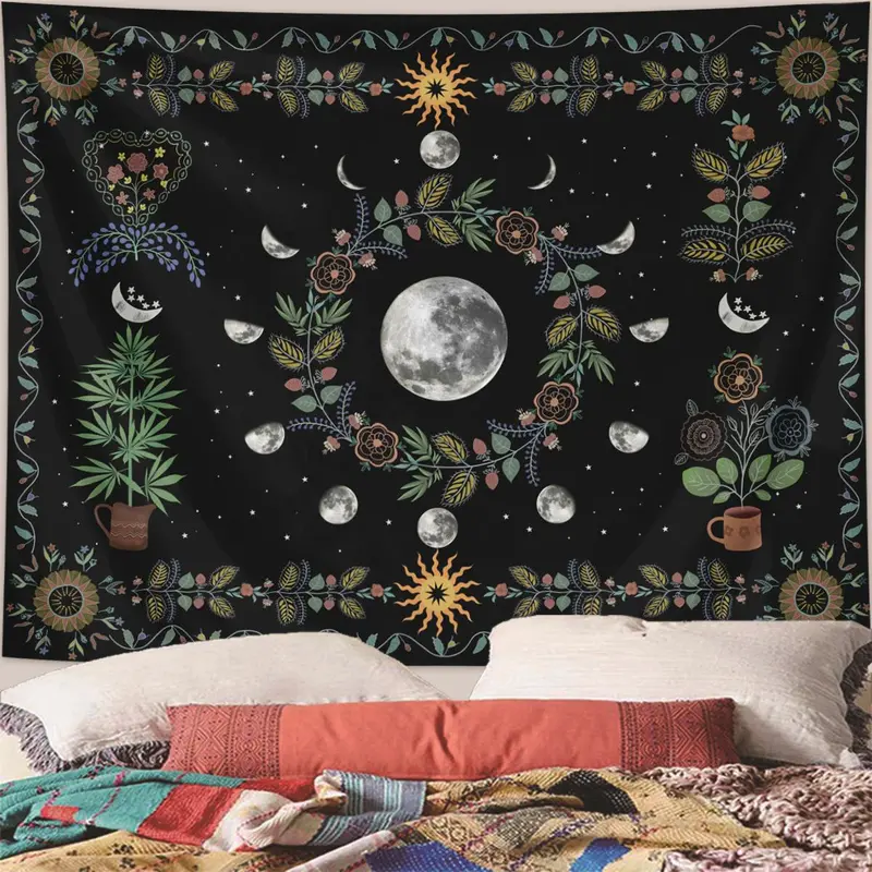 Moon & Plant Pattern Tapestry, Bohemian Style Tapestry, Wall Hanging Decor for Home Living Room Bedroom, Home Decor 6