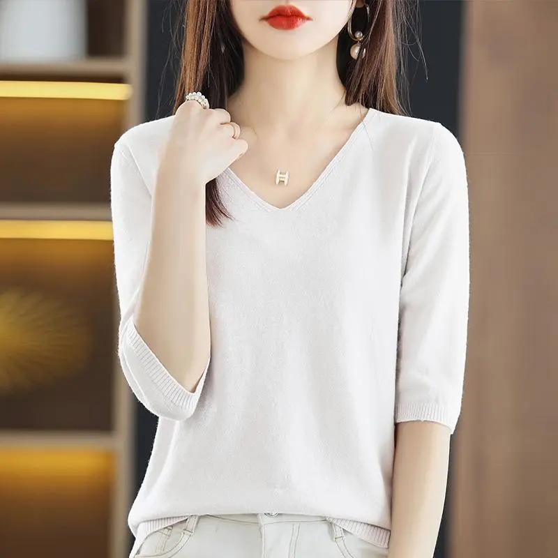 Áo Chui Đầu Cổ Chữ V, Tay Lửng, Mùa Xuân Và Mùa Hè Mới, Áo Sơ Mi Nữ, Phong Cách Hàn Quốc, Dáng Rộng Vừa Vặn, Áo Thun Len Dệt Kim Phong Cách Phương Tây, Áo Sơ Mi Nữ, Mỏng, Quần Áo Nữ Women Top 5