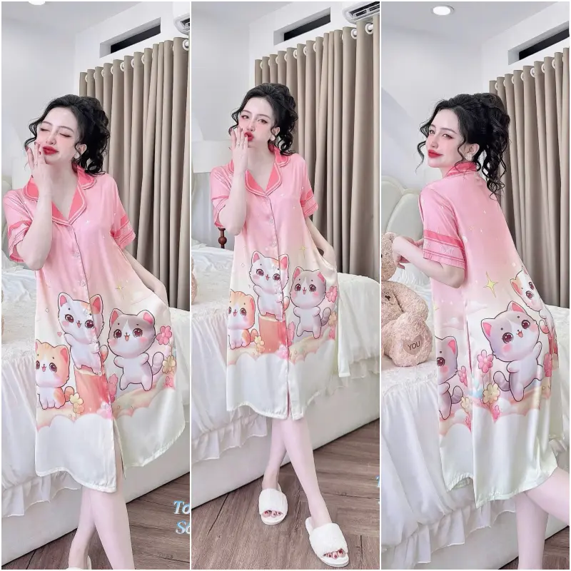 Váy ngủ nữ sơmi lụa latin bigsize kèm quần in họa tiết xinh xắn size 40-75kg