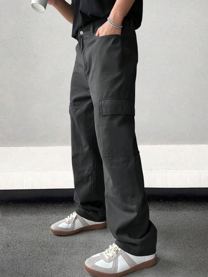 Product Introduction of Men's Solid Flap Pocket Cargo Pants, Regular Fit Casual Street Fashion Comfy Trousers for Daily Wear, Men's Bottoms for All Seasons 7