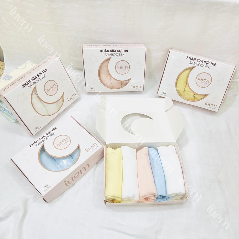 iuem Khăn sữa SỢI TRE LỤA 4 LỚP, hộp 5 cái, dùng cho bé từ sơ sinh tới lớn, mềm mướt, thấm hút tốt, không bụi vải Cho Bé