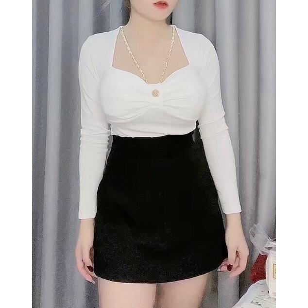 Áo croptop nữ tay dài phối xích có mút ngực Áo croptop nơ ngực kèm dây xích Cổ Tròn Sơ Mi Women