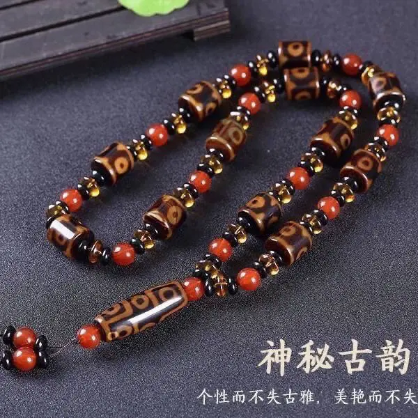 Vòng Cổ Mã Não Dzi Ba Mắt Chín Mắt Tây Tạng Tự Nhiên, Vòng Tay Hạt Phật, Vòng Tay Unisex, Năm 2025 Phong Cách Dân Tộc