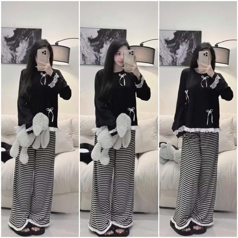  Sét bộ nữ áo phông rộng tay dài phối quần dài ống rộng sọc ngang dành mặc nhà đi chơi xinh xắn. 