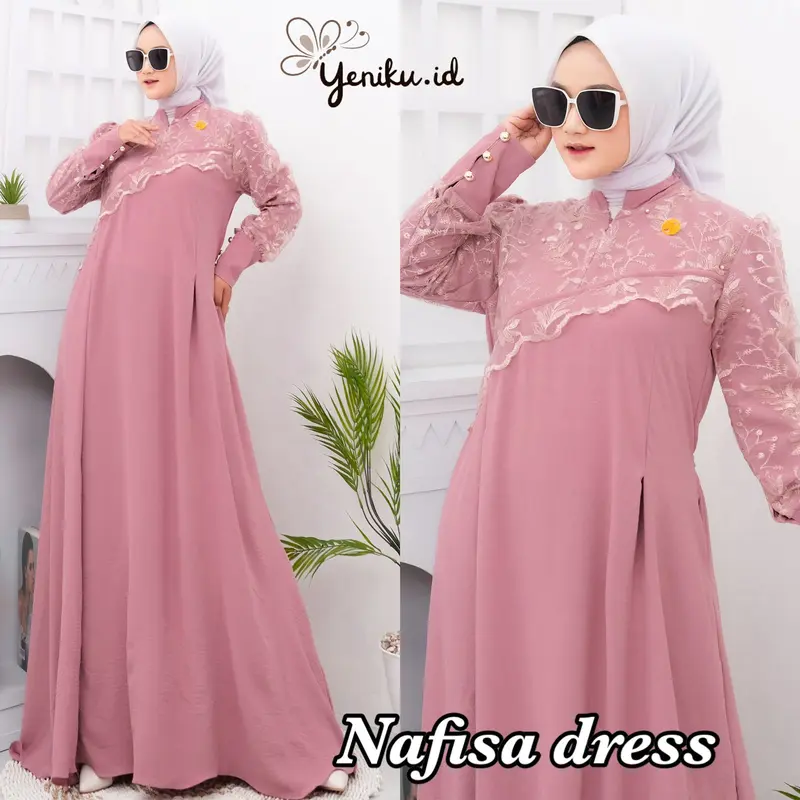 Nafisa Dress Gamis Terbaru 2023 Viral Gamis Brokat Kondangan All Size Muslim Wanita Lebaran Pesta Syari Dewasa Remaja Crinkle 2