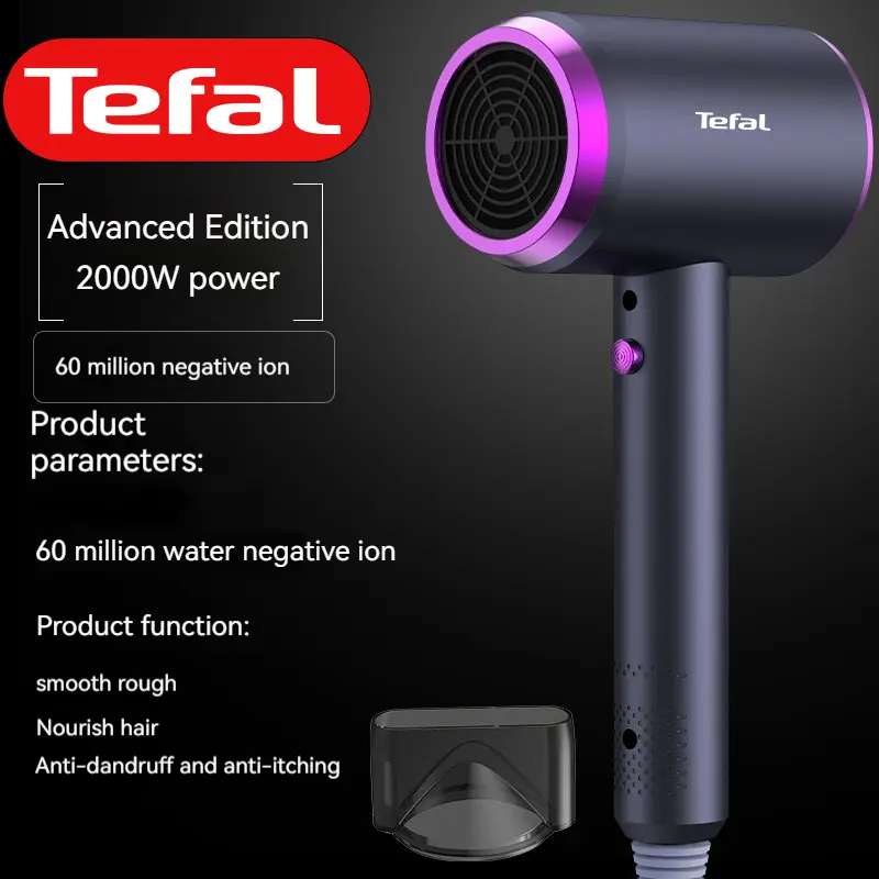 Pengering Rambut, Tefal, Udara Panas dan Sejuk, Reka Bentuk Fesyen, dengan Pembaikan Kolagen, Pengurangan Bunyi, Angin Kencang 2000W, Penjagaan Rambut, Teknologi Ion Negatif Kuasa Tinggi, Sesuai untuk Rumah, Asrama, Penggaya Rambut, Khas