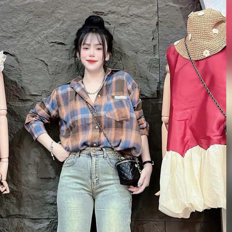 Áo Kẻ Ô Xinh Xắn Chất Nỉ Bông Mềm Mại Phong Cách Form 40-65kg Áo Công Sở Xinh Nữ Women Top Cotton Sơ Mi 1