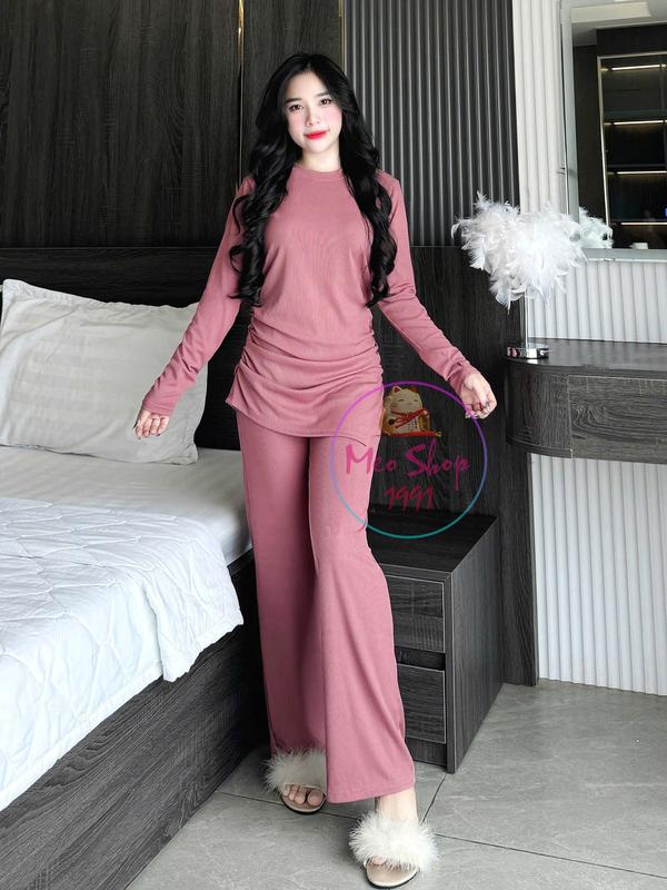 [Mua 2 Bộ Kèm qu@](N)Set Bộ Thun Gân Lạnh - Nhúng eo - Cổ Tròn Tay Dài Xỏ Ngón- Quần Ống Suông - Vạt Xéo ( 40-75kg ) Nữ Kem bộ  đồ bộ  đồ ngủ