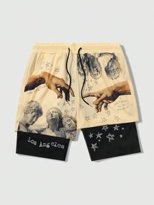 Pantalones cortos para hombre con estampado de estrellas y letras, bolsillo y cintura con cordón, Pantalones cortos de chándal informales de corte recto y bolsillos para verano, Modernos pantalones cortos para hombre para uso diario