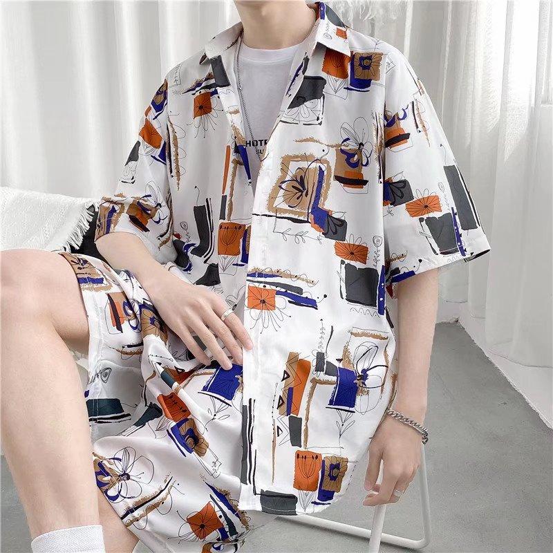 Short-sleepted men's fashion summer ice silk Free Shipping Hong kong-style Ruan Home wear half-pajama shirt loose floral shirt coat suit 3