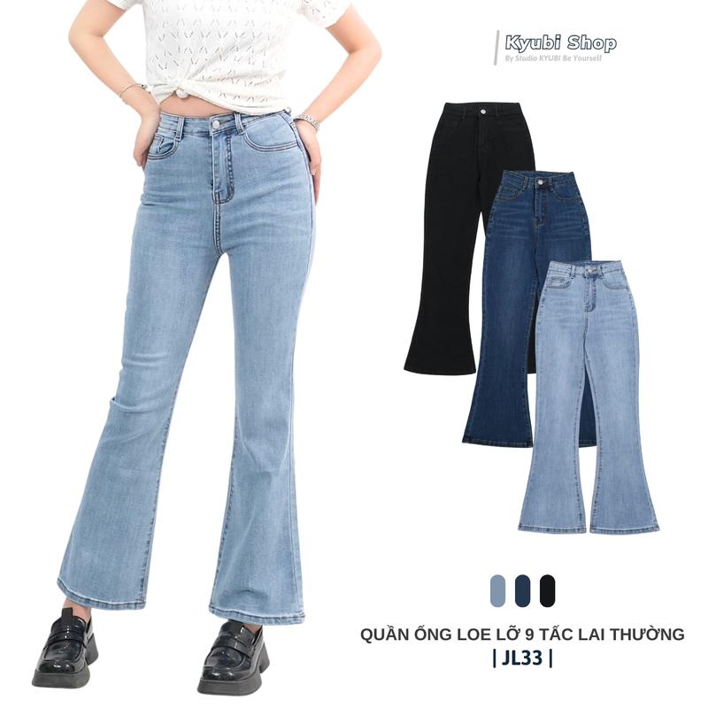  Quần jean ống loe vừa 9 tấc lưng cao KYUBI quần bò ống loe dáng lỡ ngắn jean co dãn 4 chiều cao cấp dày dặn - JL33 