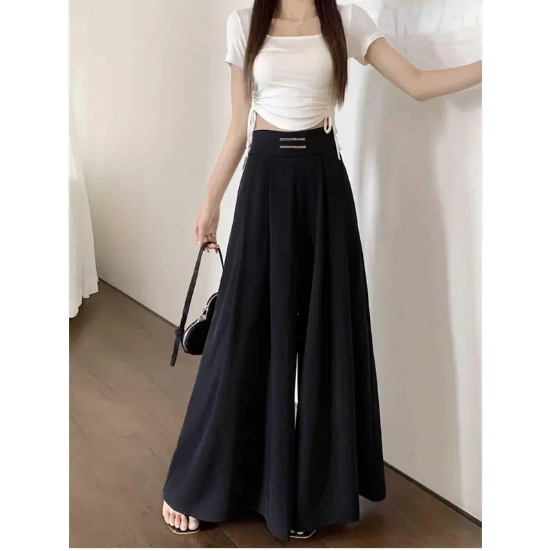 Quần Dài Áo Thời Trang Mùa Hè Và Mùa Thu, Chất Liệu Voan Lụa Lạnh Thiết Kế Khóa Cạp Cao Xếp Ly, Hiệu Ứng Xếp Ly Ống Rộng, Che Bụng, Thích Hợp Cho Phụ Nữ, Thời Trang Women Pants Women Pants Ong 2