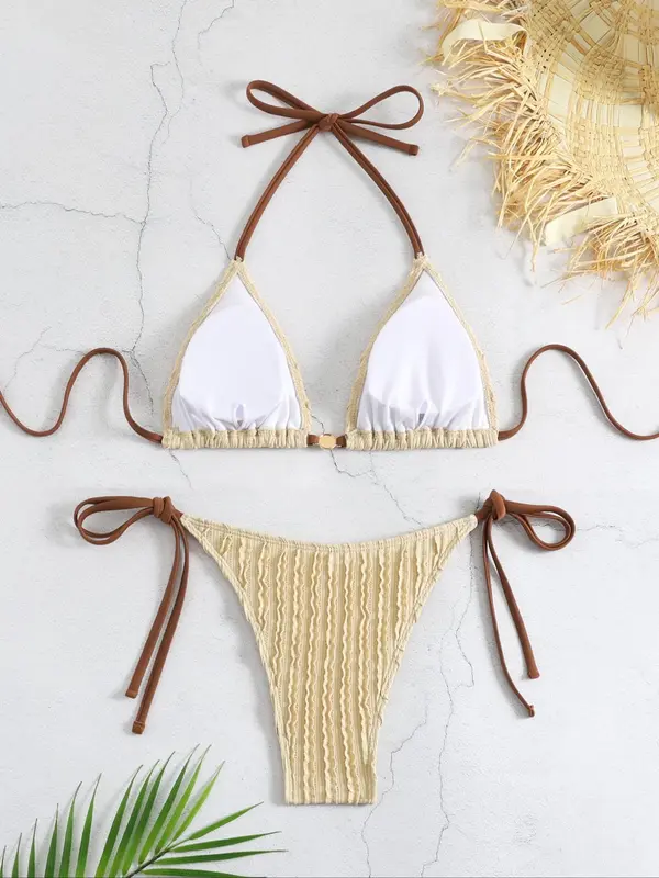 Two-Piece Set Women's Textured Triangle Bra & Knotted Swim Bottom Bikinis Set, Casual Halter Neck Backless Swim Top & Tie Side Swim Bottom Two-piece Swimsuit For Summer, Fashion Women's Swimwear For Beach Holiday Vacation 5
