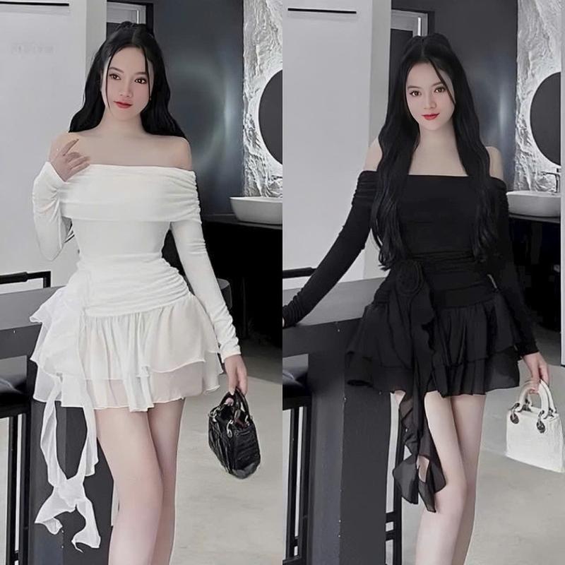Đầm váy nữ áo thun nhũ dài tay trễ vai dính bông thân dưới phối tơ xếp tầng xinh xắn dành cho nàng di chơi,di tiệc.