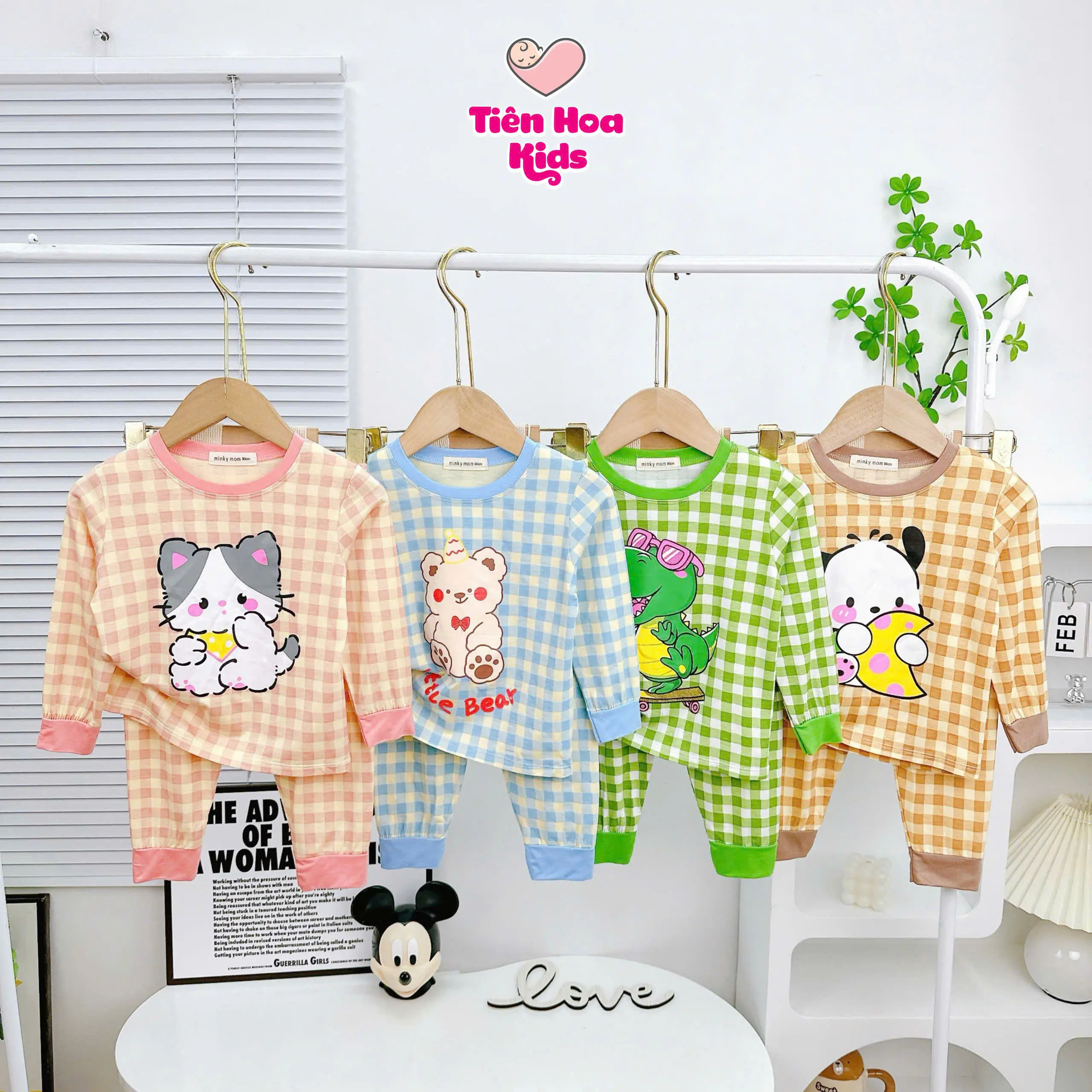 [Bé 7-32kg] Bộ dài tay thun lạnh Caro in hình  Minky Mom cho bé trai bé gái Mặc ngủ đi học Voi Cotton Vải Cotton