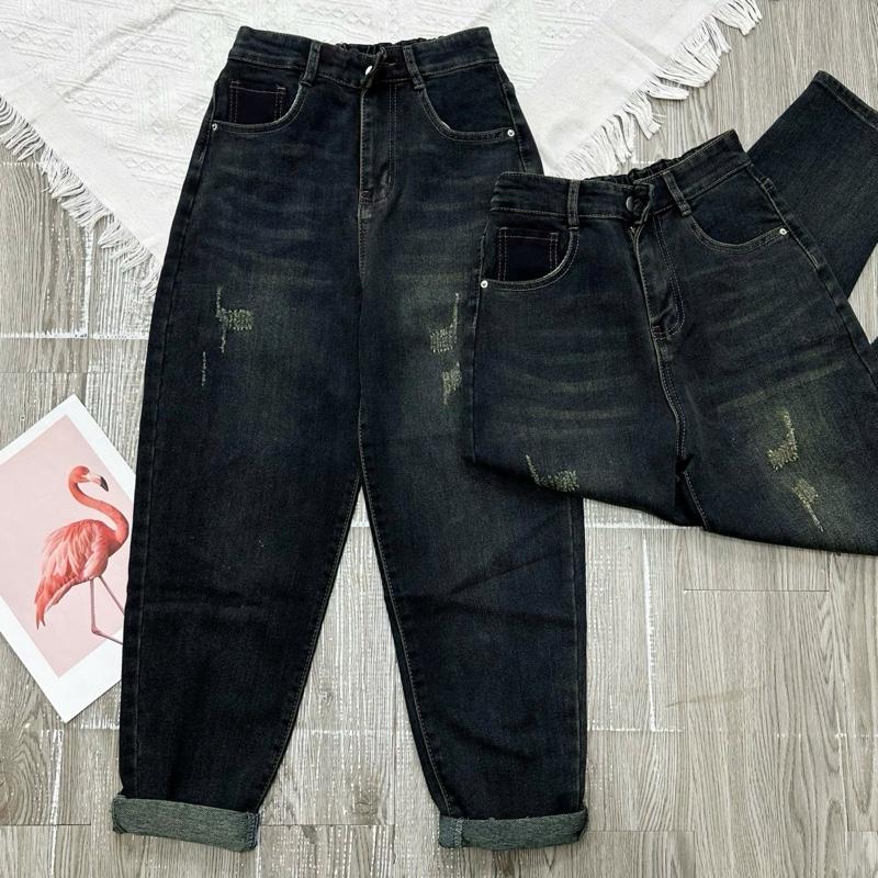 2801 BIGGSIZE Quần baggy dáng thụng cạp cao co dãn , quần jeans dáng thụng chun sau tạo kiểu hai bên