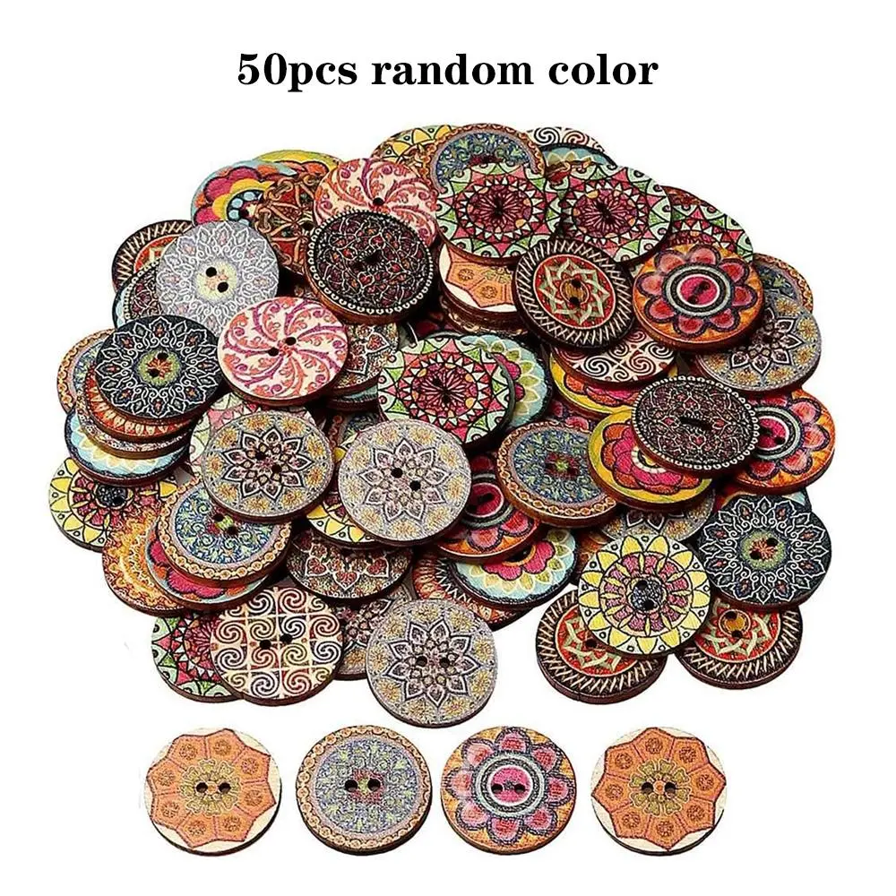 Random Color Vintage Wooden Button, 50pcs/set  Handmade Wooden Button, Sewing Craft Kit for Clothes, Hat, Scarf, Bag