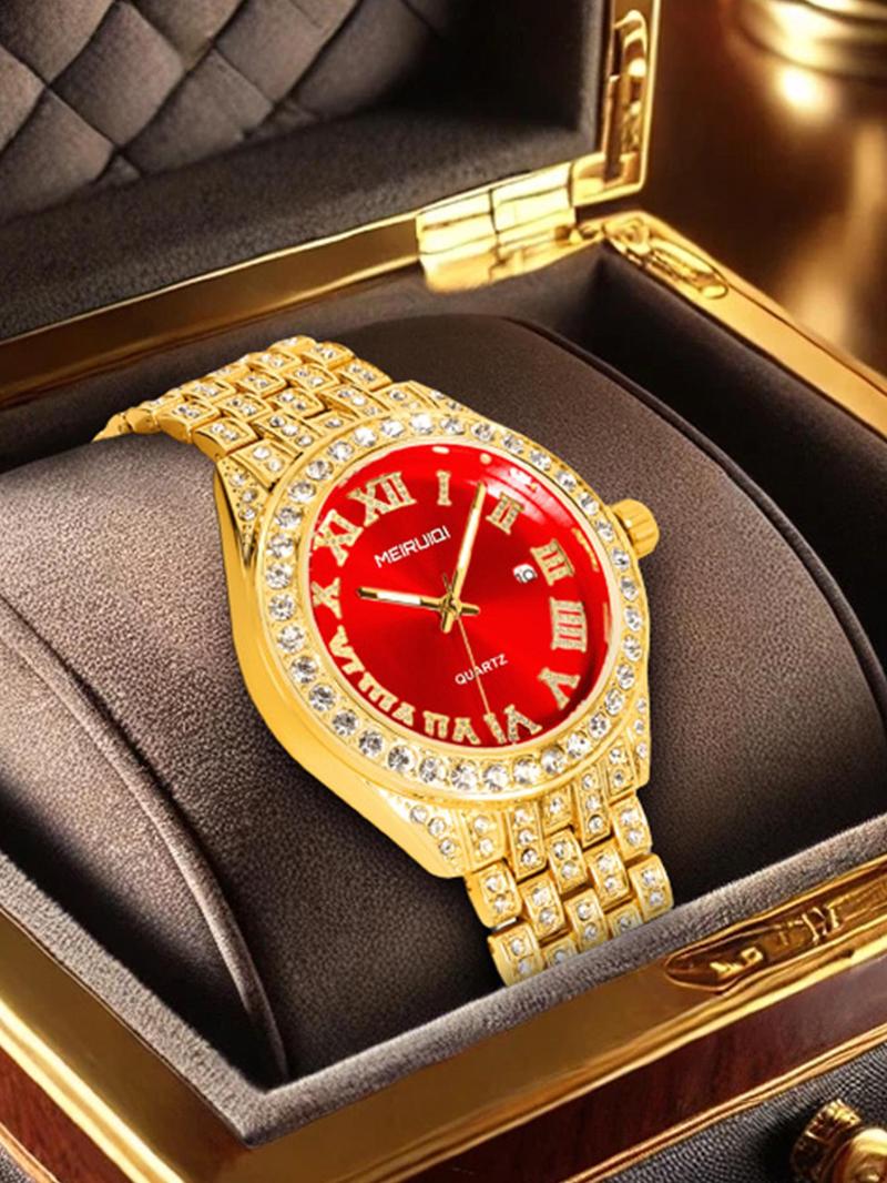 Product Introduction of Men's Business Fashion Rhinestone Decorated Analog Quartz Watch, with Box, Fashion Watch for Party, Daily Decor, Trendy All-match & Exquisite Watch for Birthday Gift 6
