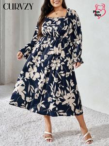 CURVZY Plus Size Floral Print Frill Trim Flounce Sleeve Dress, Elegant Square Neck Long Sleeve A Line Dress for Party Holiday Wedding Guest, Women's Clothes for Fall