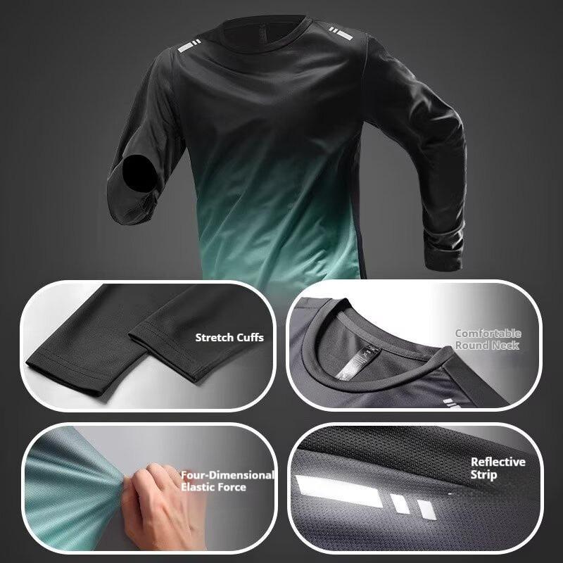 Product Introduction of 2025 Summer Men's Sports Long Sleeve Tshirts Quick-dry Breathable Gym T-shirt&shorts Running Fitness Training Running Tops Green\ Light Grey\ Blue\ Red 3