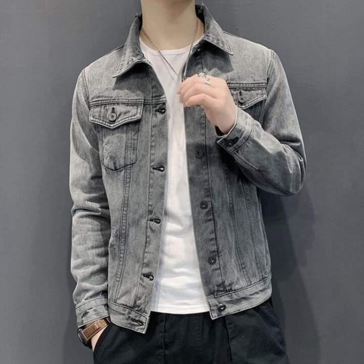 [túi trong] Áo khoác jean xám trơn CC - áo jean nam xám cắt rách nhẹ cực đẹp form đứng size 40-75kg dài áo 64-68cm Menswear Cotton