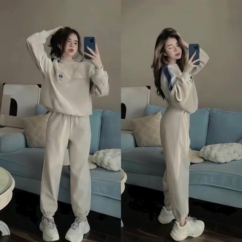 Set bộ thể thao nữ. Set nỉ gấu ngoài nỉ trong trần bông dày ấm hình gấu xanh than và be cho nữ - Set đồ nữ đẹp