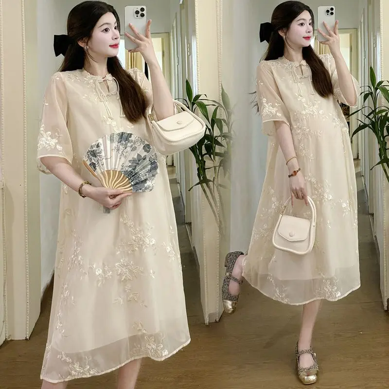 Váy Bà Bầu Mùa Hè, Phong Cách Trung Quốc Mới, Thêu Máy, Cải Tiến, Trên Đầu Gối, Nhẹ, Thoáng Khí Và Rộng Rãi, Cho Phụ Nữ Mang Thai Váy Bầu Đầm Bầu 1