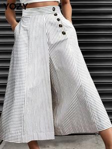 YOZY Women's Striped Print Button Decor Zipper Design Wide Leg Pants, Casual Comfy Trousers for Daily Wear, Ladies Bottoms for All Seasons