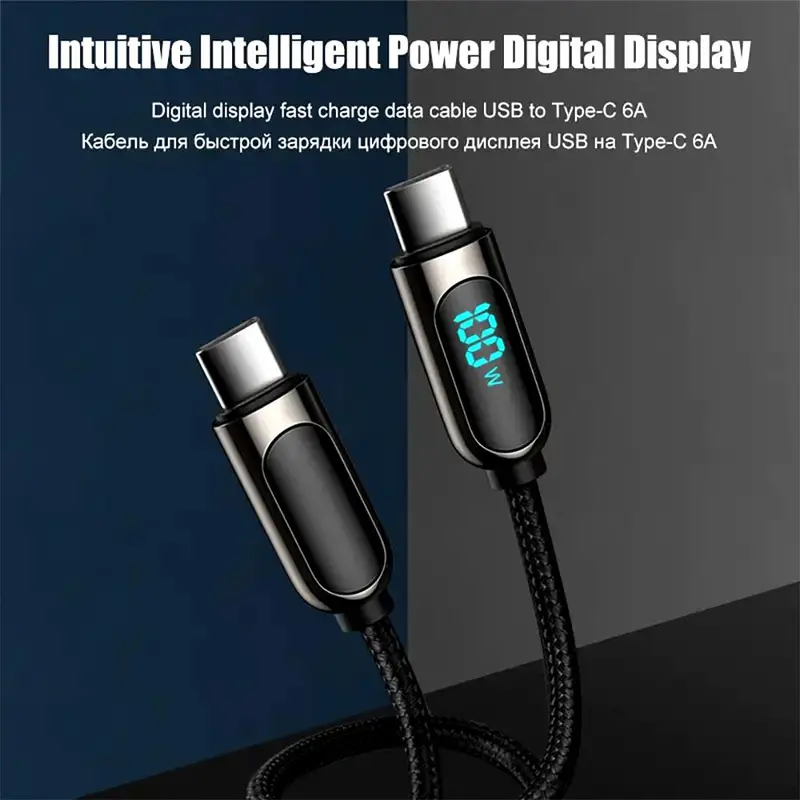 100W Fast Charging Data Cable, PD Type C To C LED Cable Fast Charging Cable With LED Digital Display For Huawei Xiaomi Redmi Laptop 5