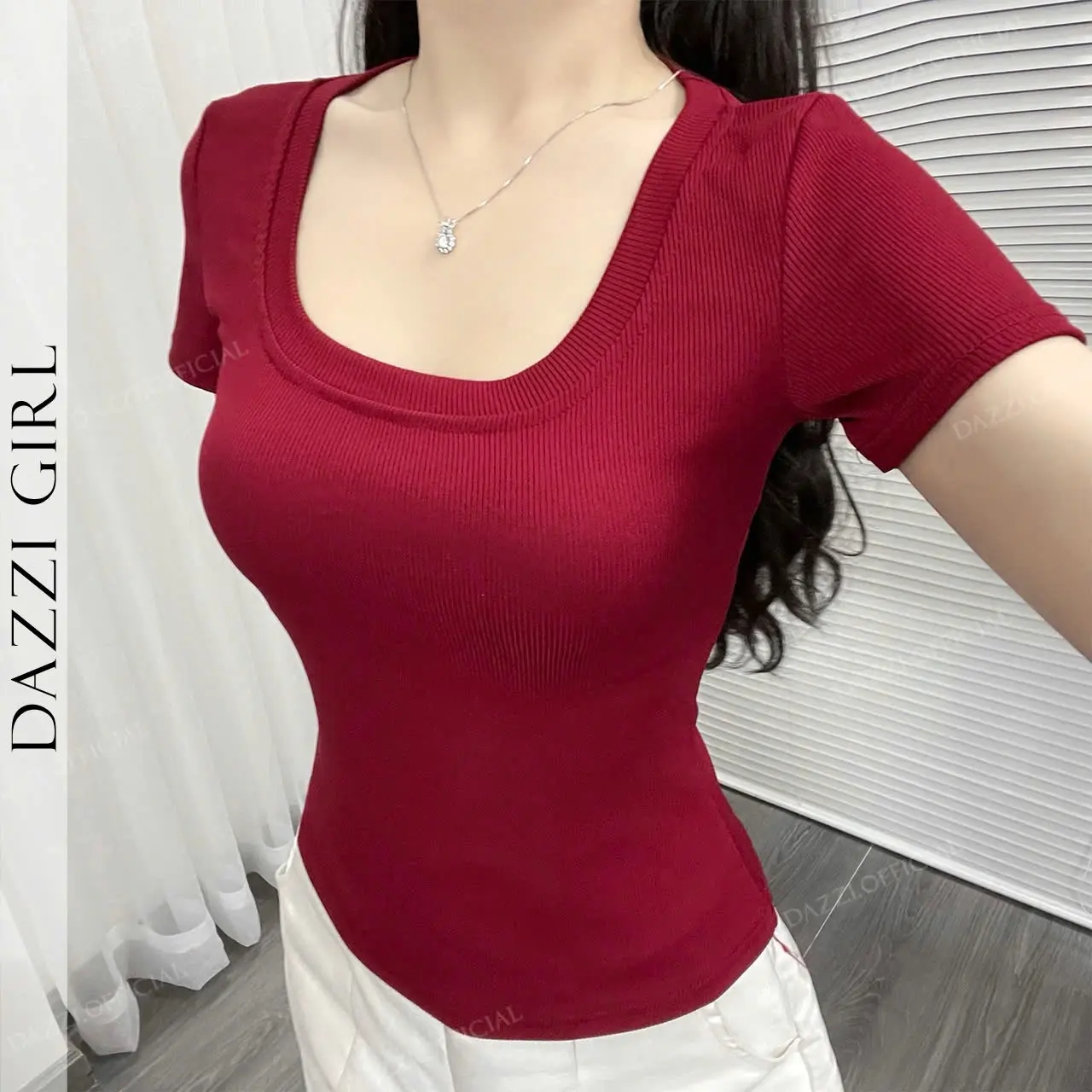 Áo thun trơn nữ cổ vuông vải thun gân tăm DAZZI dáng dài form ôm dáng Women A02 | BigBuy360 - bigbuy360.vn
