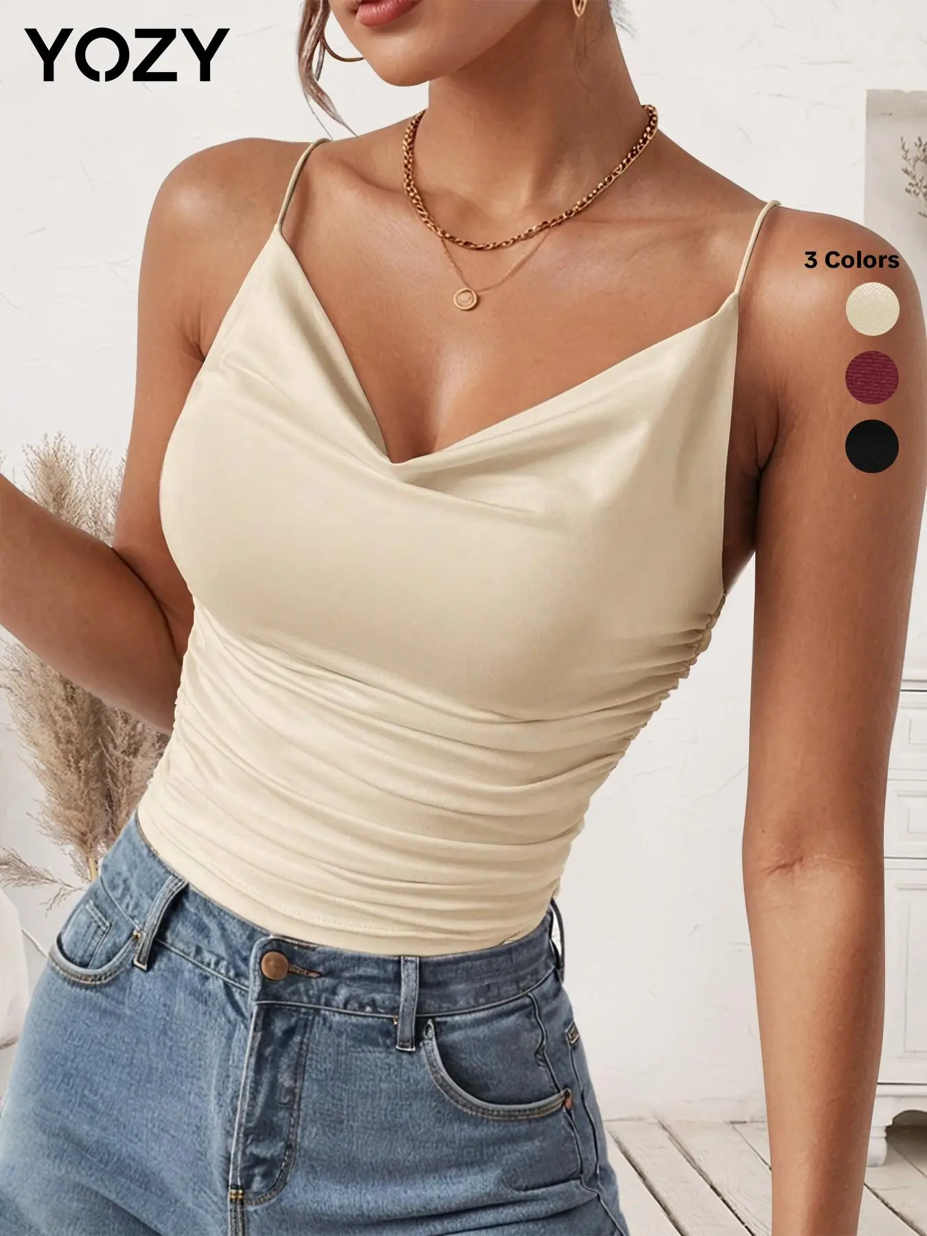YOZY Women's Plain Ruched Cowl Neck Cami Top, Elegant Sleeveless Spaghetti Strap Top for Summer, Ladies Clothes for Daily Wear, Womenswear