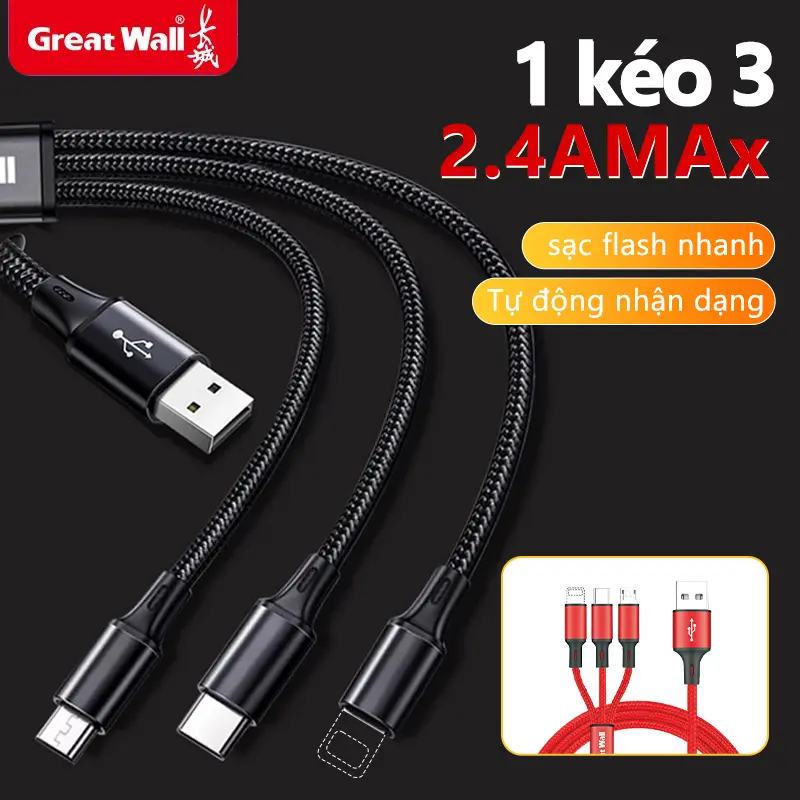 Dây cáp sạc ba trong một hỗ trợ sạc nhanh đa năng cho Android Type-C và iPhone - Usb 0