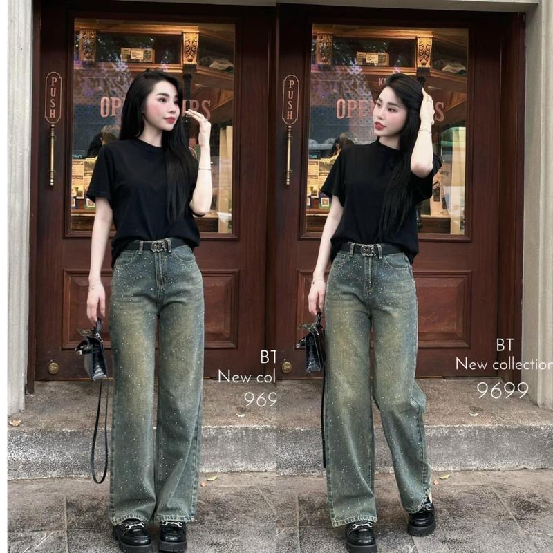 Quần Jeans Đính Đá Trắng Toàn Thân Màu Bụi Hottrend Siêu Đẹp Dài 102cm và 95cm